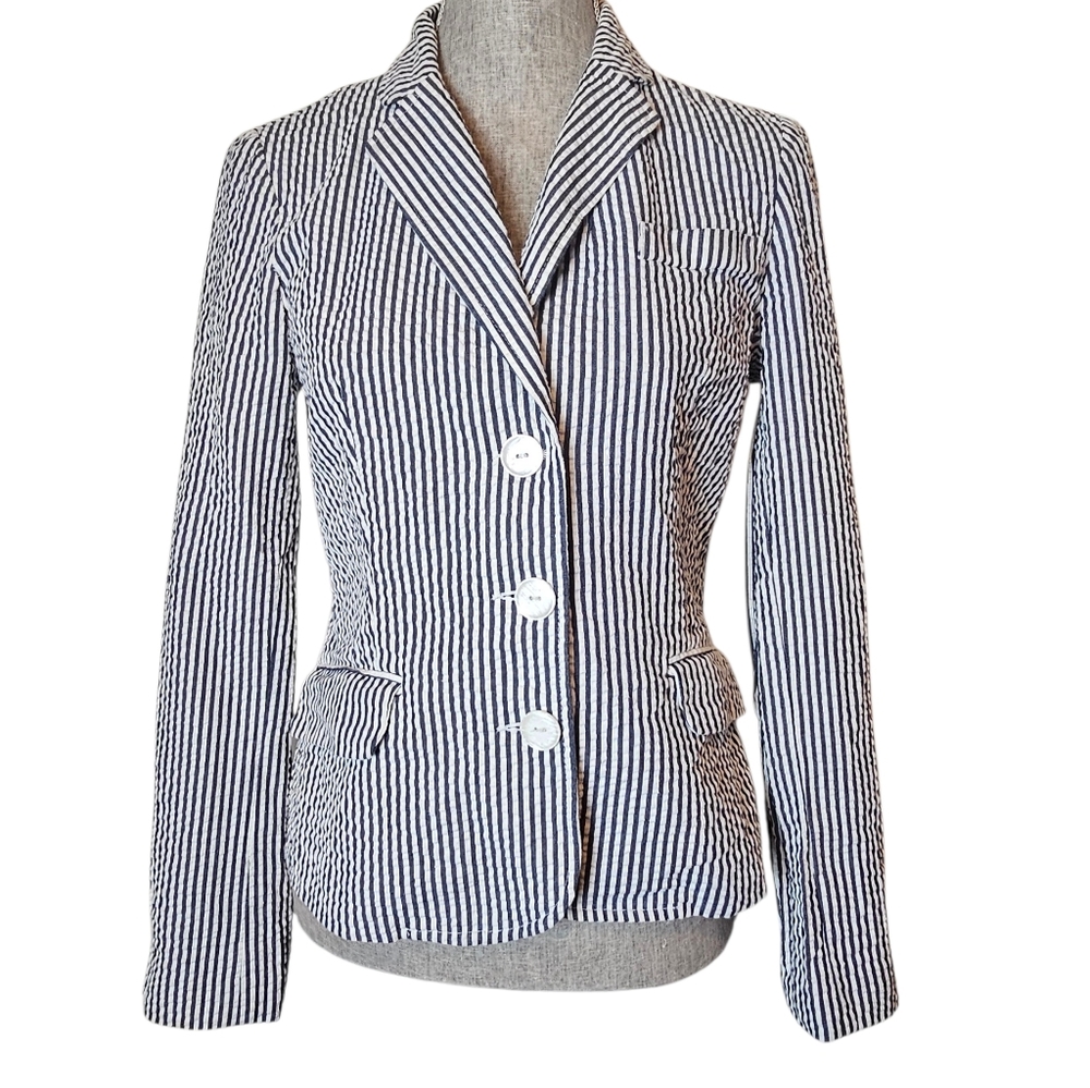 Sandro Seersucker Stripe Summer Blazer Womens Size S 100% Cotton Preppy Academia